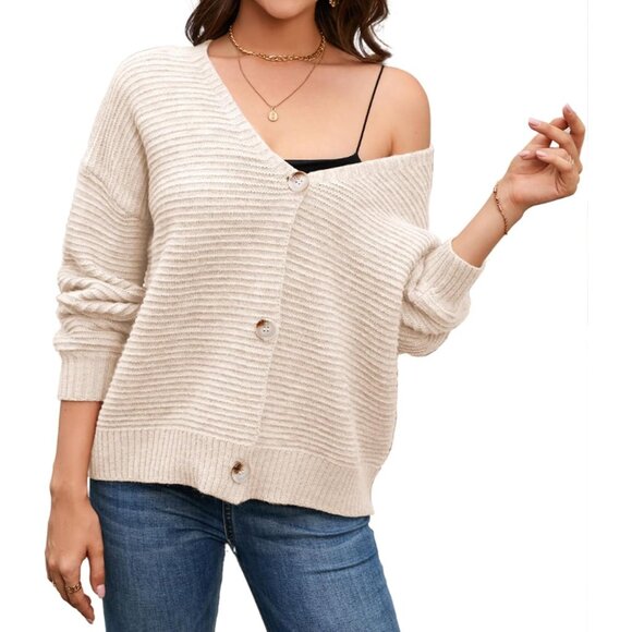 Women's Long Sleeve V Neck Cardigan Sweaters Oversized Ribbed Knit